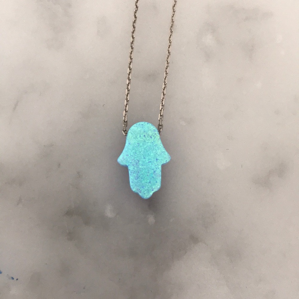 BLUE HAZMA NECKLACE ON SILVER CHAIN